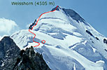 Zaznačená vrcholová část výstupu V hřebenem. Kolečkem jsou označeni dva sestupující horolezci (vystoupali na vrchol JZ hřebenem), kteří jsou mimo cestu a museli přes odtrh slaňovat.